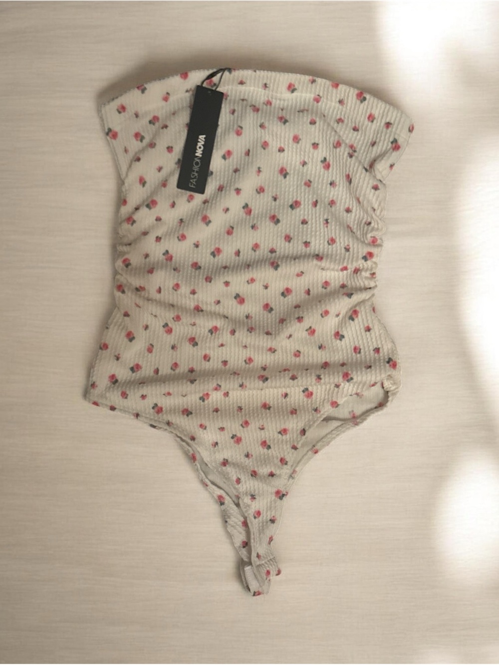 Fashion Nova Cream Strapless Ribbed Floral Thong Bodysuit